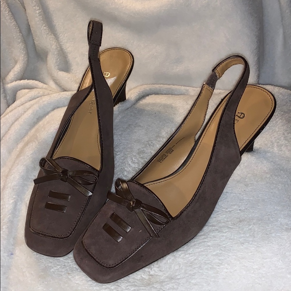 Etienne Aigner Brown Suede Slingback Bow Kitten Heel Pumps